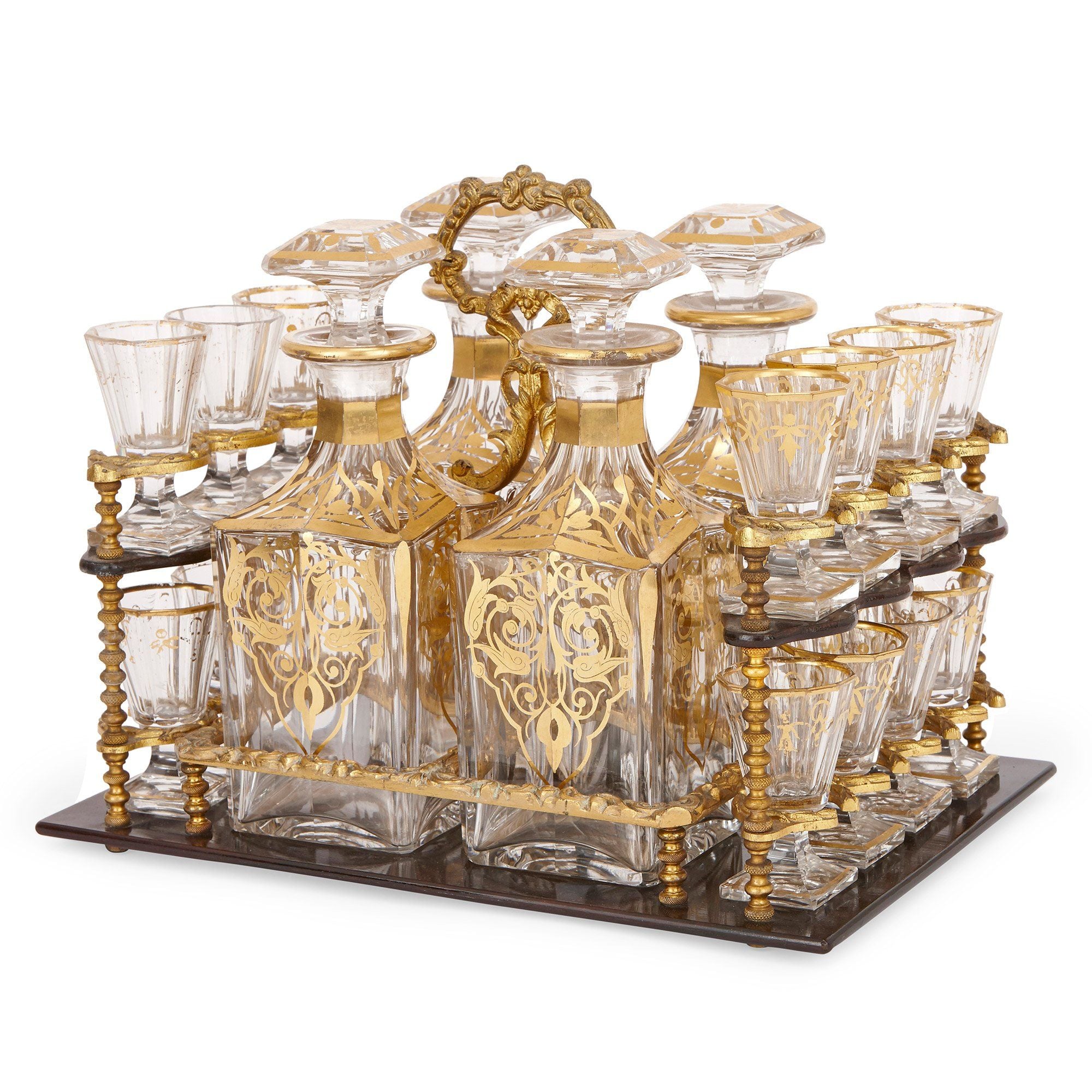 Antique gilded cut glass liquor set in marquetry casket Mayfair Gallery