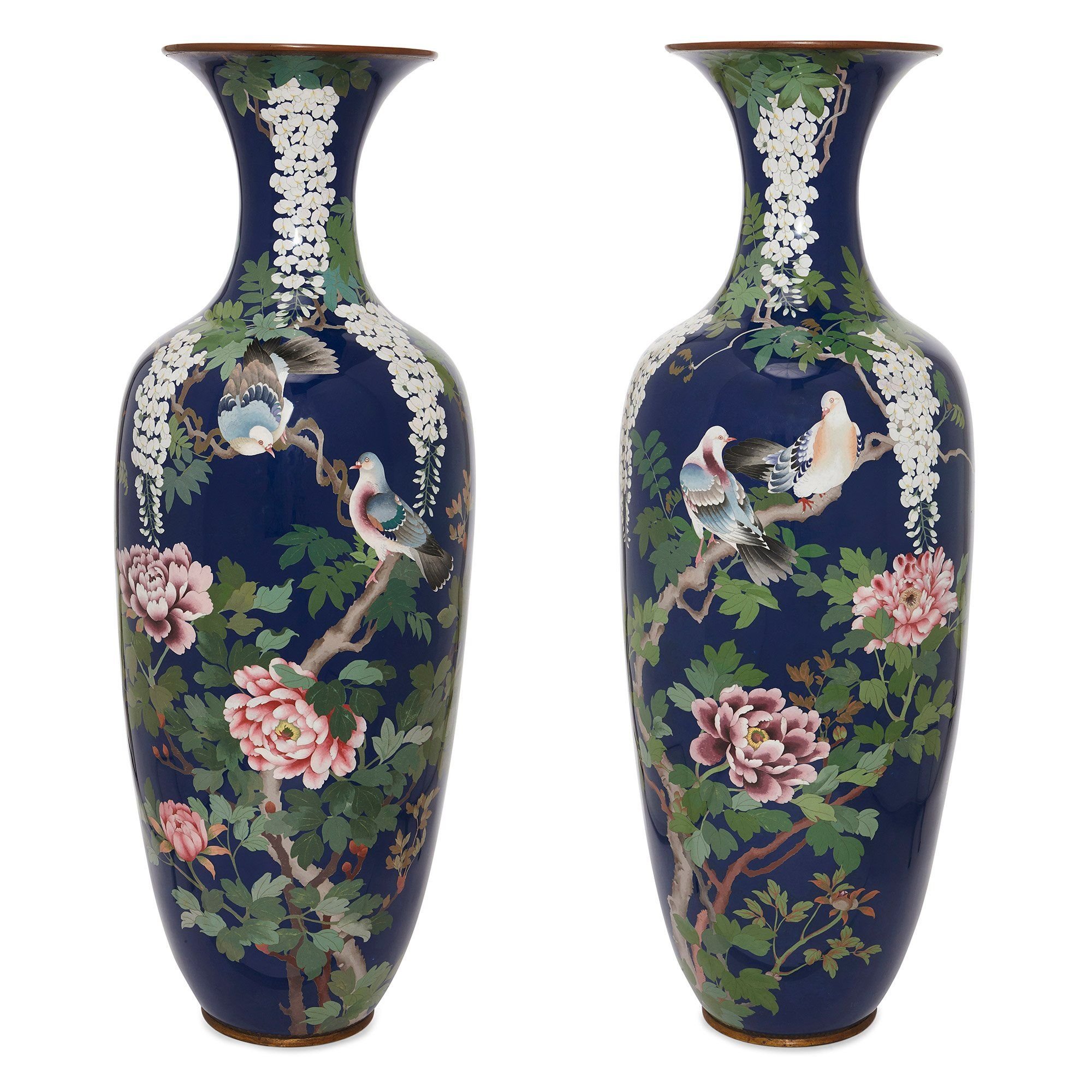 Pair of antique Japanese Meiji period cloisonne enamel vases Mayfair