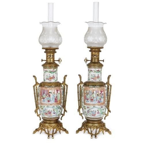 Chinese Canton famille rose porcelain lamps with ormolu mounts