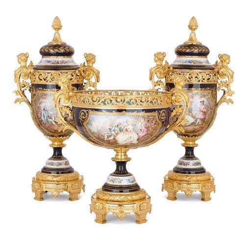 Sèvres style porcelain ormolu mounted three piece garniture