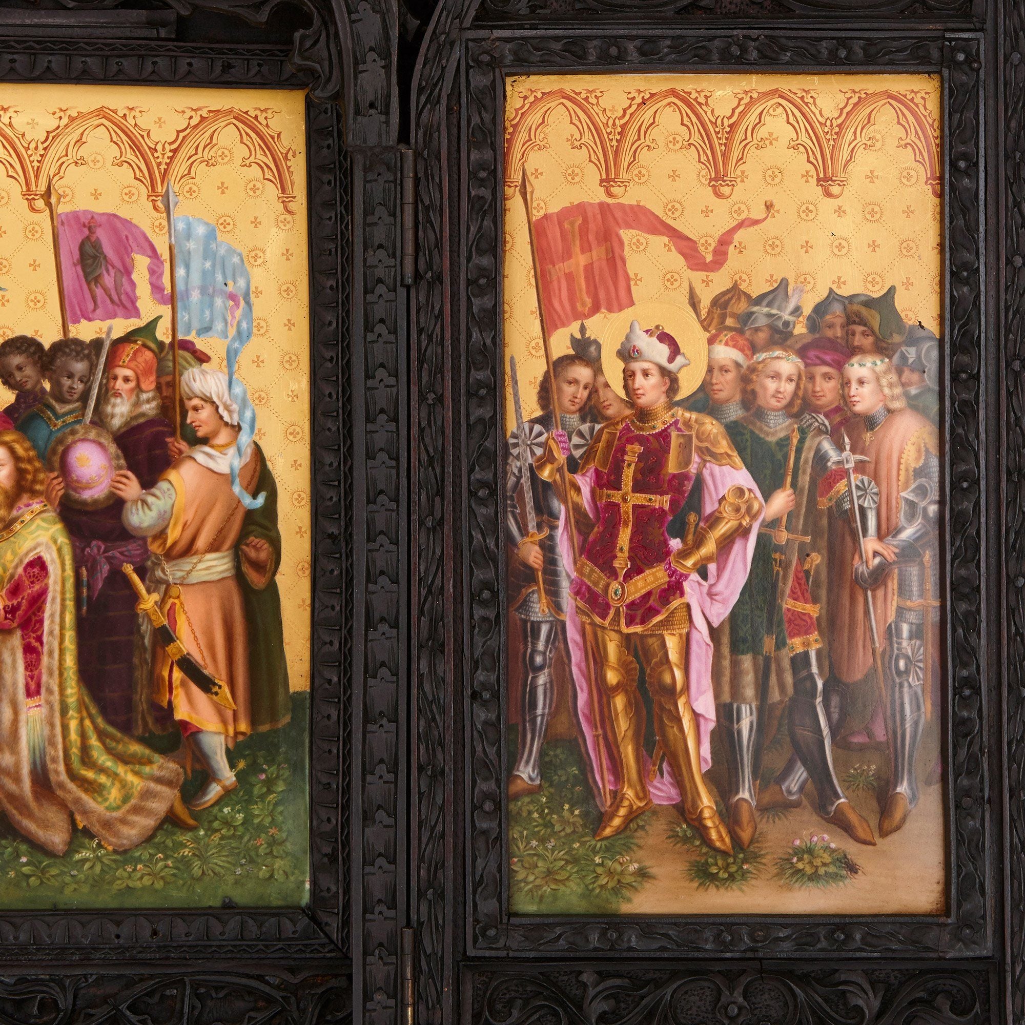 Gothic revival style KPM porcelain and carved oak triptych