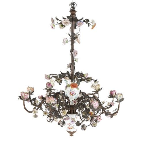 Meissen style porcelain mounted brass and iron chandelier
