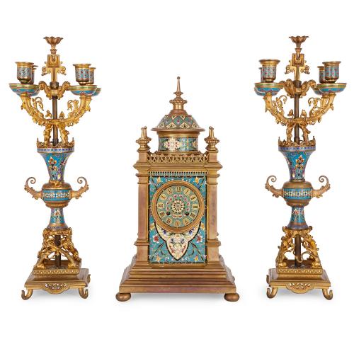 Antique champleve enamel and ormolu three piece clock set