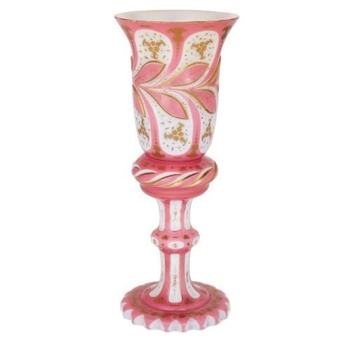 Antique Bohemian pink and white overlay glass goblet