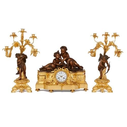 Antique gilt and patinated bronze clock set by Picard