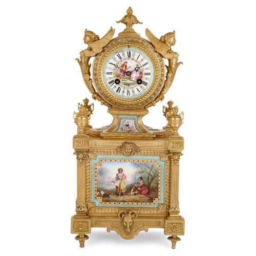 Antique ormolu and Sevres style porcelain mantel clock by Royer