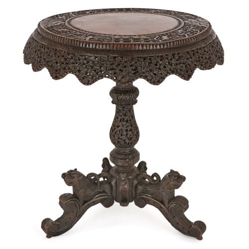 Antique Burmese carved hardwood and rosewood occasional table