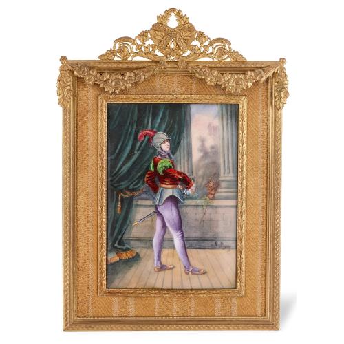 French Limoges enamel plaque of a knight in ormolu frame