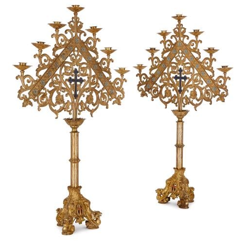 Pair of Baroque style ormolu and enamel altar candelabra