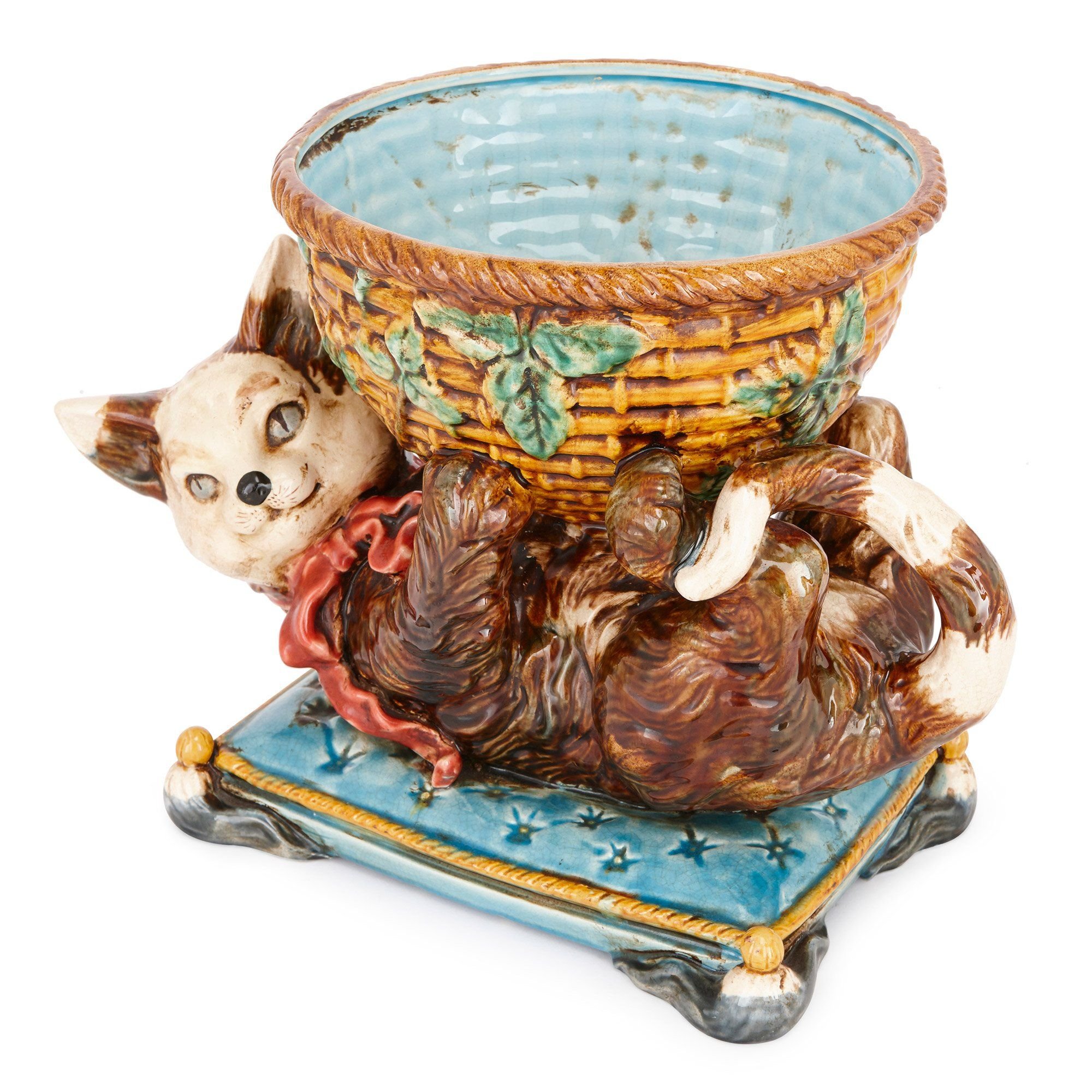 French Majolica Cat With Bowl By Jerome Massier Vallauris Mayfair Gallery