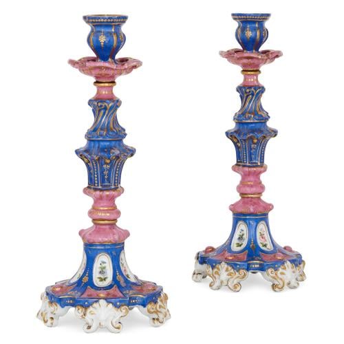 Pair of Russian porcelain candlesticks by Popov Manufactory