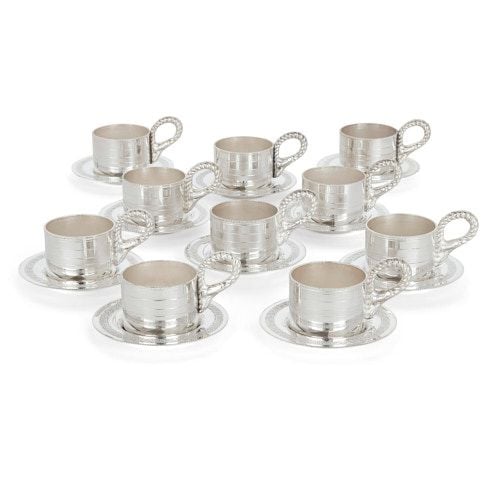 Set of ten silver-plate coffee cups and saucers by Habis
