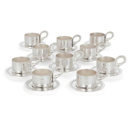 Set of ten silver-plate coffee cups and saucers by Habis