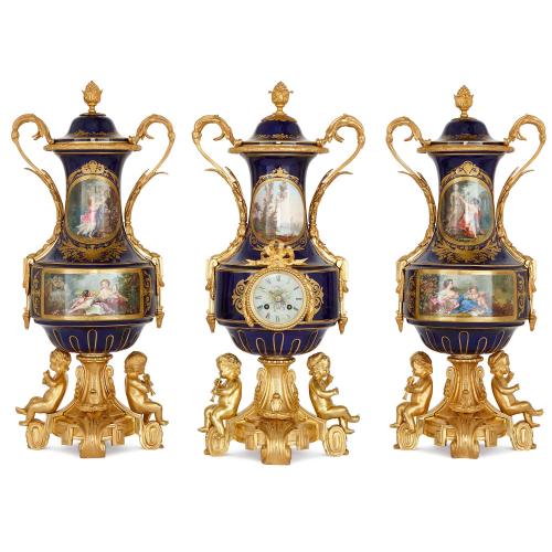 19th Century French ormolu and Sevres style porcelain clock set