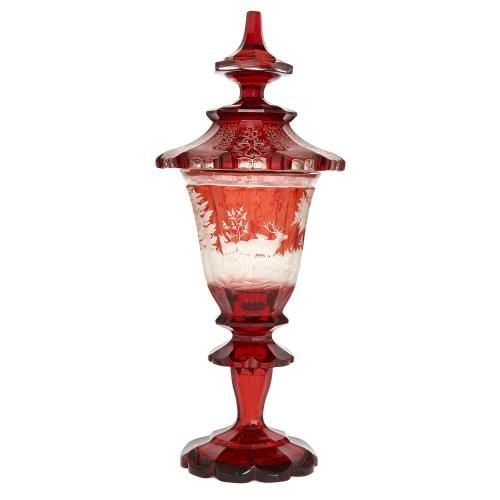 Large 19th Century engraved Bohemian ruby glass goblet