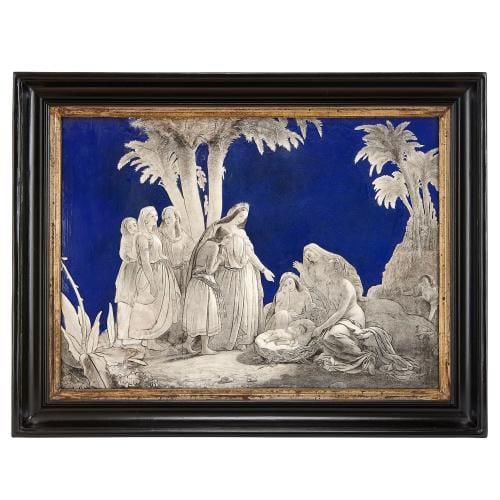 Large antique enamel plaque of The Finding of Moses