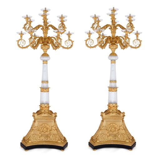Pair of very large ormolu and cut glass candelabra