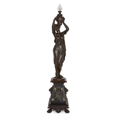 Large French antique Neoclassical style figural bronze lamp