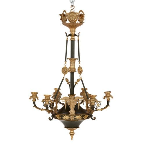 Empire style gilt and patinated bronze six-light chandelier