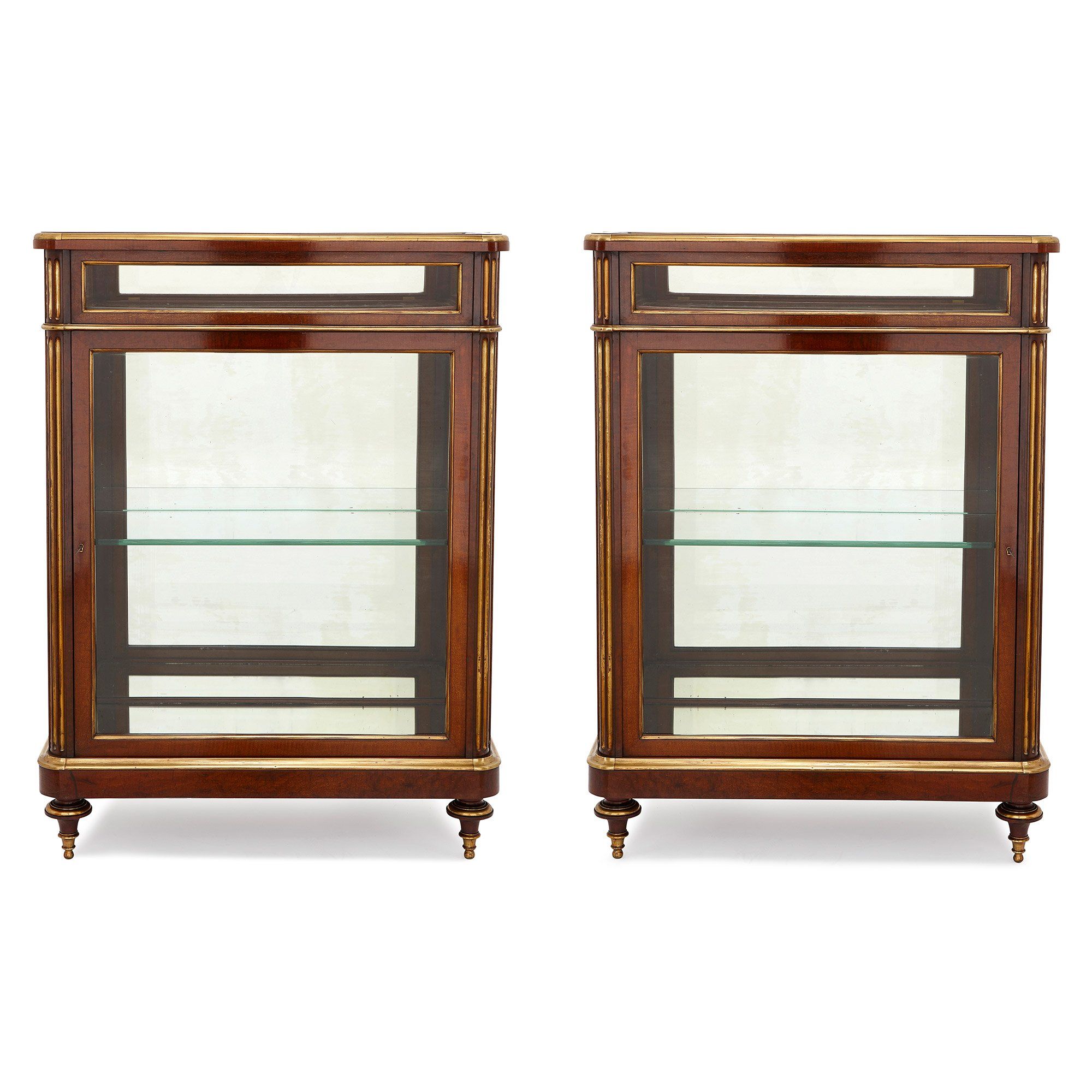 Pair Of Antique French Mahogany And Brass Vitrine Cabinets