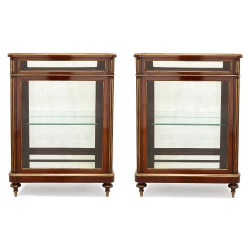 Pair of antique French mahogany and brass vitrine cabinets