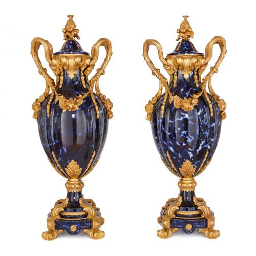 Pair of Louis XV style ormolu mounted ceramic vases