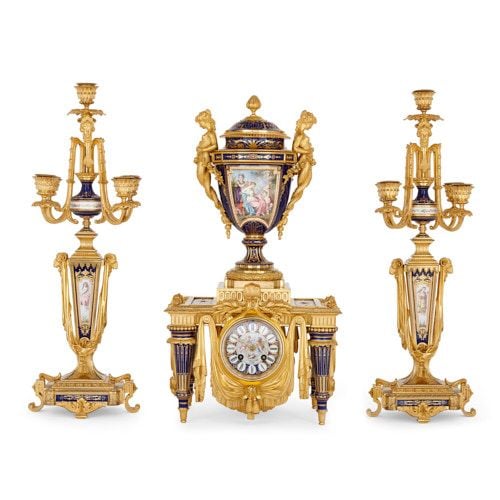 Sèvres style porcelain and ormolu clock set by Barbedienne and Sévin