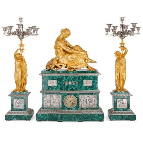 Malachite, gilt and silvered bronze clock set after Pradier