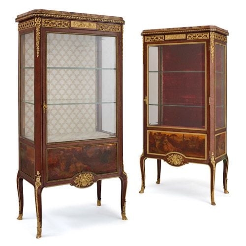 Pair of ormolu and Vernis Martin mounted vitrines by Linke