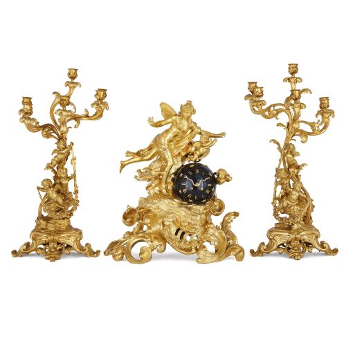 Large ormolu Rococo style clock set by Lerolle Frères