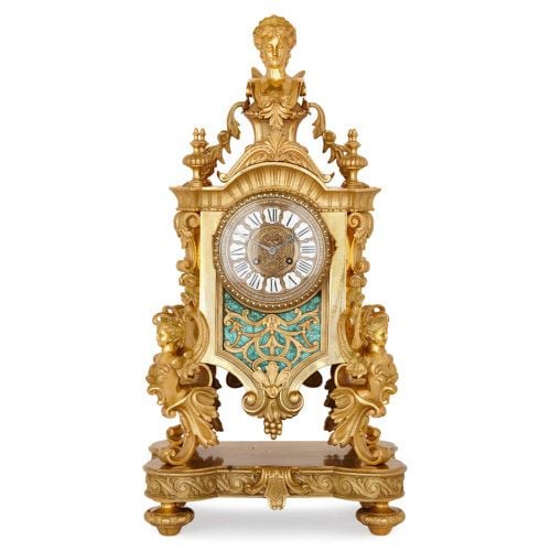 French Louis XV style ormolu and malachite mantel clock