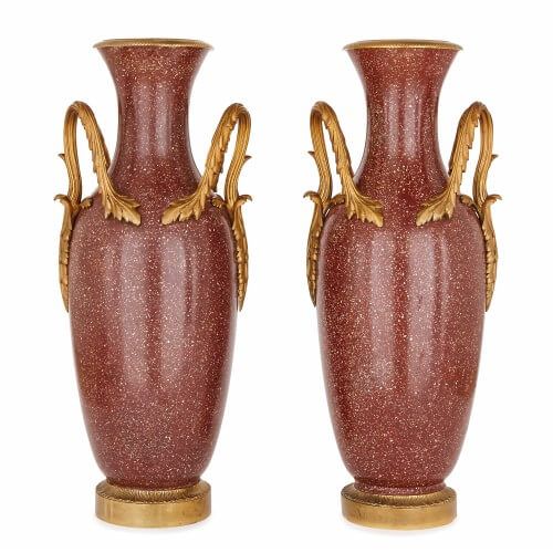 Pair of antique Italian ormolu mounted scagliola vases