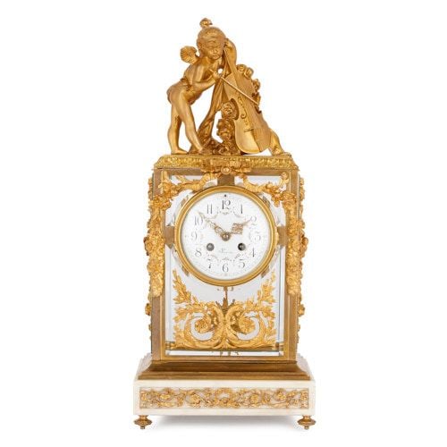 Antique French ormolu, marble and glass mantel clock