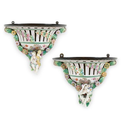 Pair of antique Meissen style porcelain wall brackets