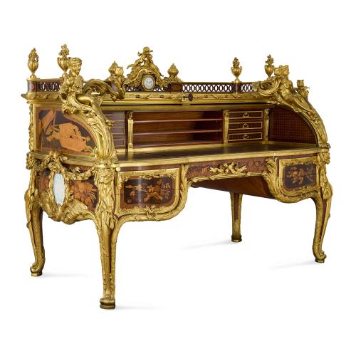 Rare marquetry, ormolu and jasperware Bureau du Roi by Beurdeley
