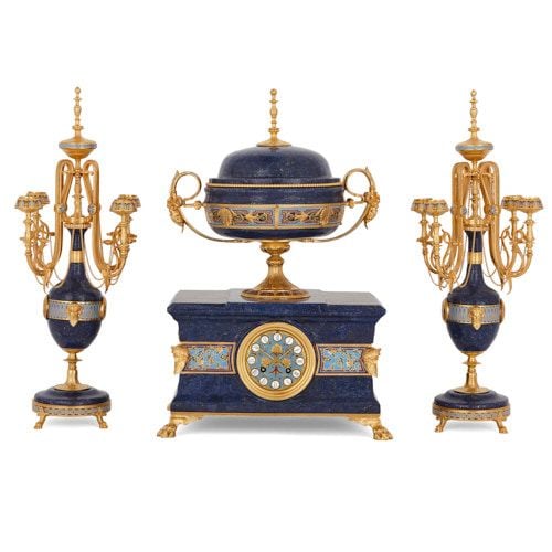 Neoclassical style lapis, champlevé enamel, and ormolu clock set