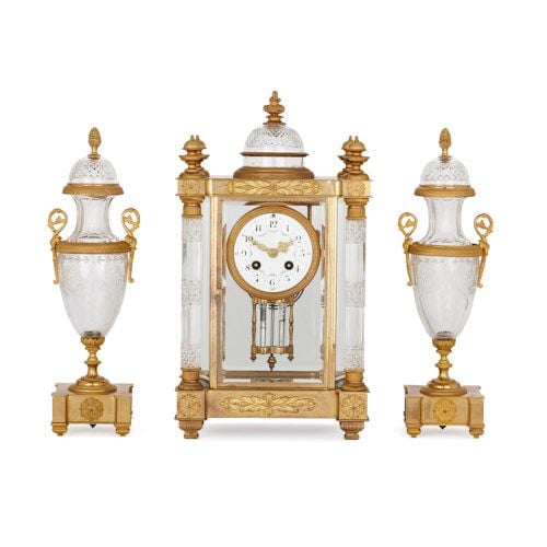 Antique Neoclassical style ormolu and cut glass clock set