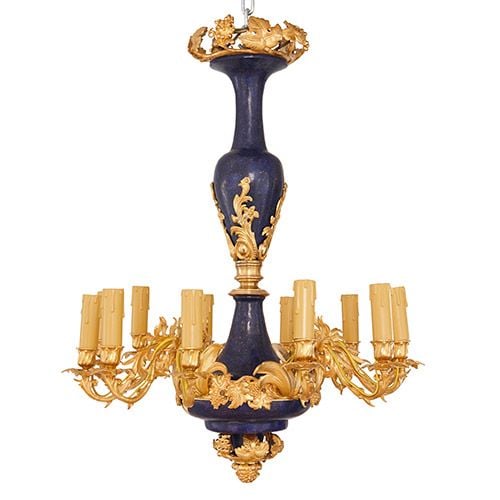 French 19th Century gilt metal and lapis lazuli chandelier