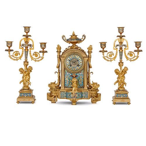 French three piece ormolu and cloisonne enamel clock set