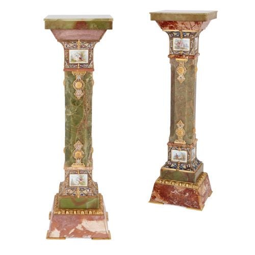 Near pair of onyx and marble pedestals with porcelain plaques