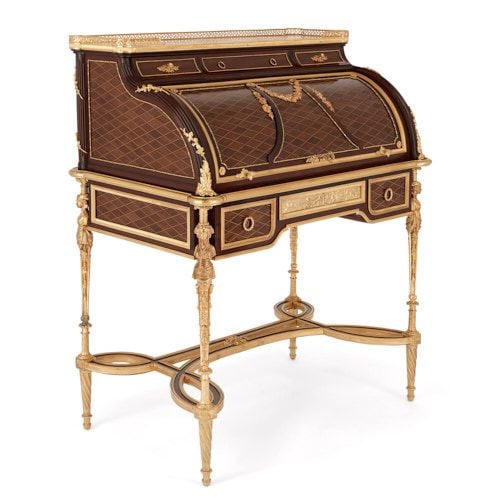 Louis Xvi Style Ormolu Mounted Parquetry Roll Top Desk By Kahn