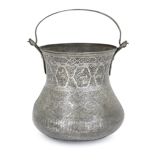 Very large Persian damascened copper and tin bucket