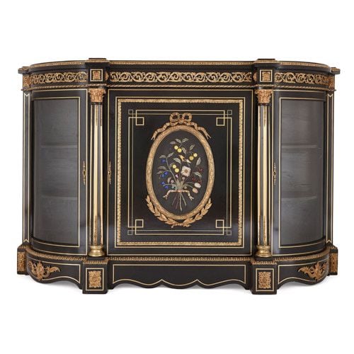 Antique ebonised wood, ormolu and pietra dura vitrine cabinet