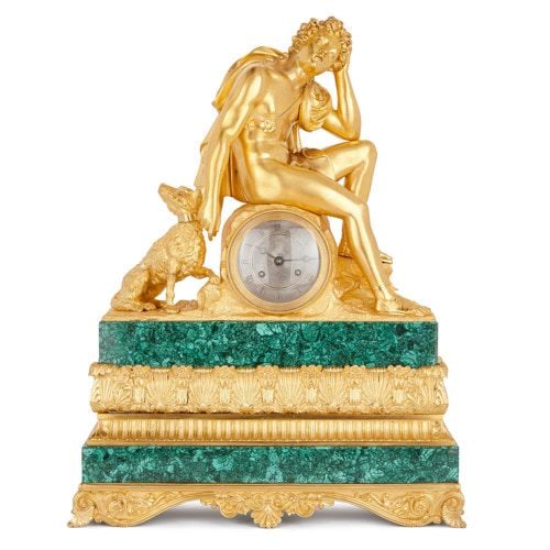 Antique ormolu and malachite mantel clock by Honoré Pons