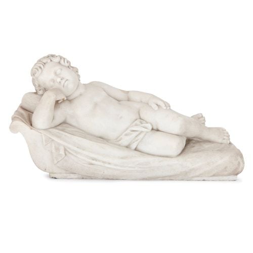 Antique marble sculpture of a sleeping putto after Duquesnoy