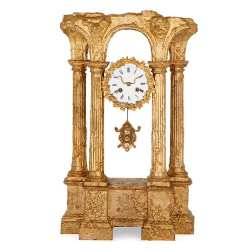 Antique Roman ruin shaped ormolu mantel clock 