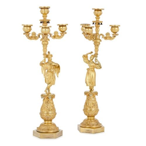 Antique Chinoiserie cold painted ormolu matched clock set