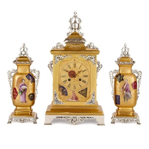 Japonisme porcelain, silvered and gilt brass clock set