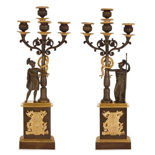 Pair of Empire style gilt and patinated bronze candelabra