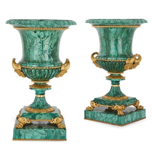Pair of ormolu mounted Ekaterinburg malachite vases by Galberg